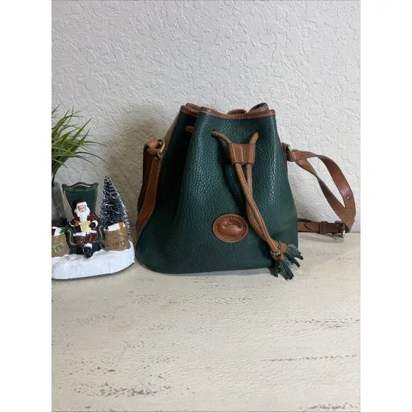 Vintage Dooney & Bourke Green All Weather Pebbled Leather Drawstring Bucket Bag - Picture 1 of 16